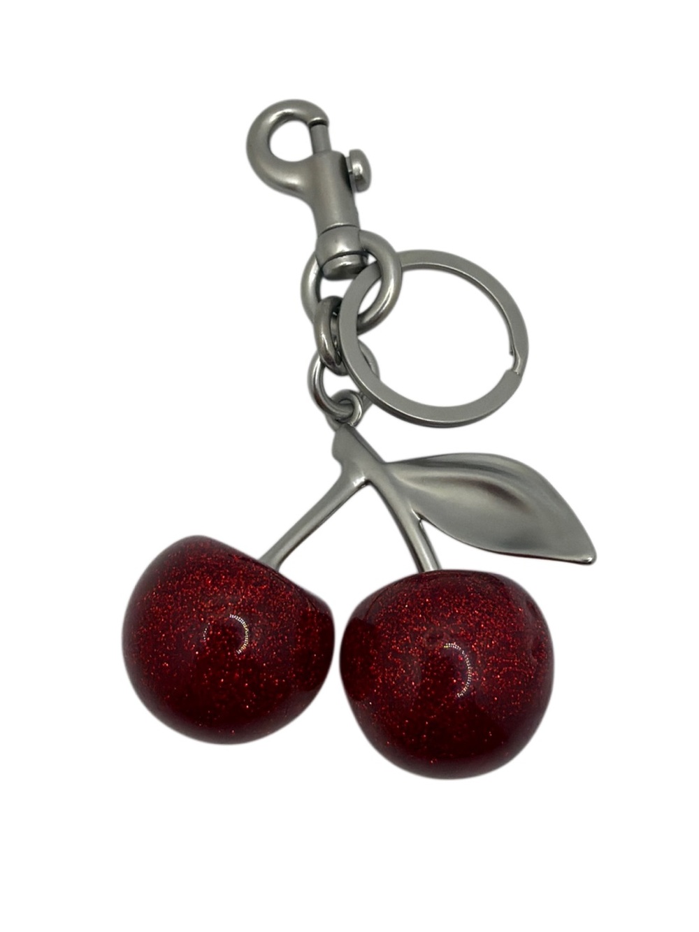 Edgy Deep Red Glitter Cherry Keychain with Silver Hardware for Keys or Bag